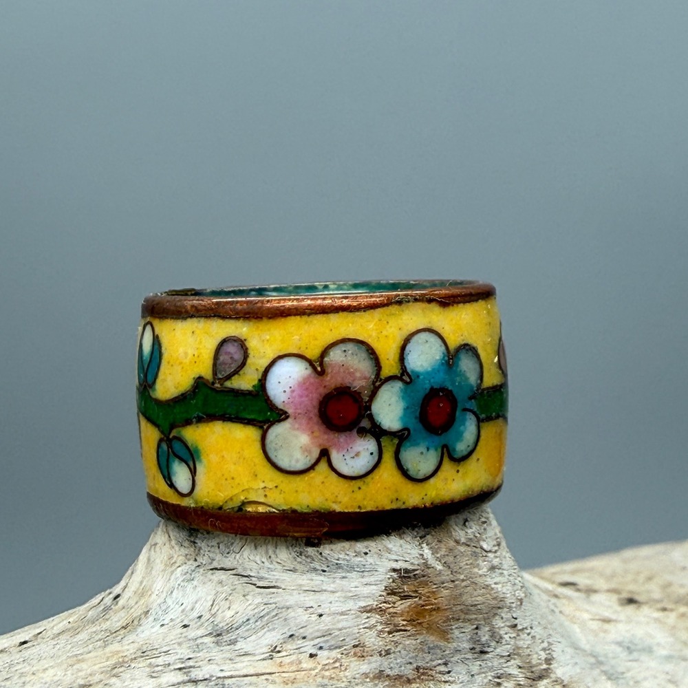 Vintage Cloisonne Enamel Flower Band Ring Yellow Floral Copper Size 6 Boho